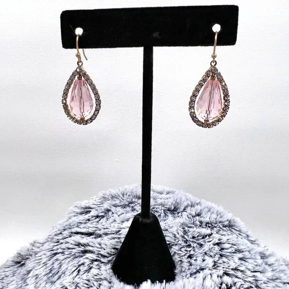 Blush Color Large Faceted Teardrop and Rhinestone 1.25” Gold Tone Earrings - Picture 1 of 5